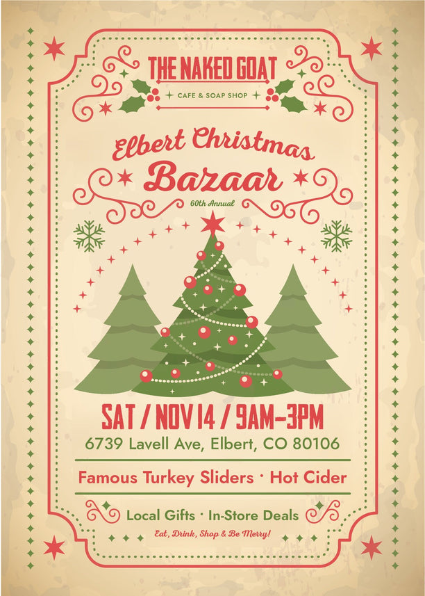60th Annual Elbert Christmas Bazaar flyer for The Naked Goat Cafe & Soap Shop